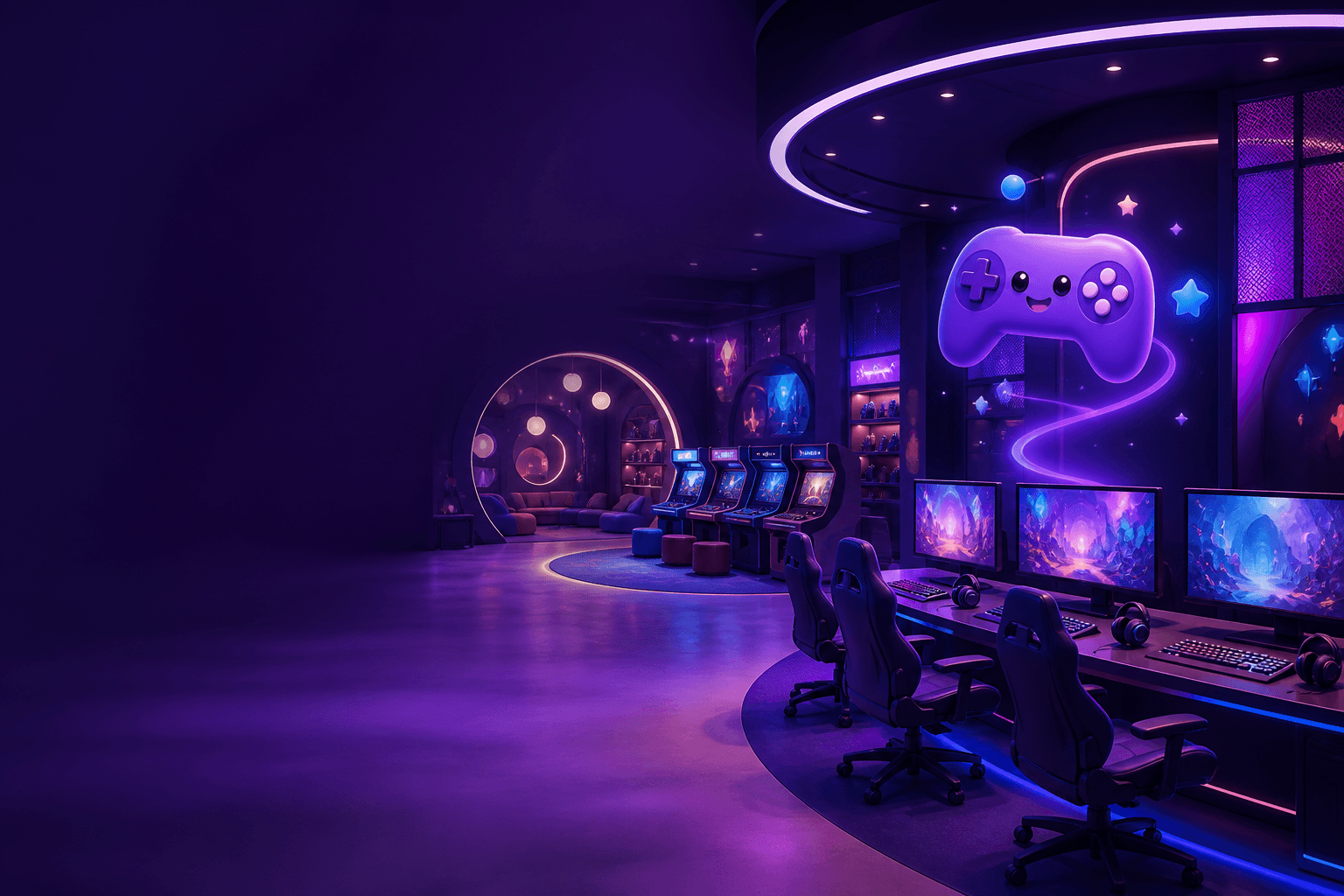 Espaco recreativo com maquinas arcade e estacoes de jogos eletronicos